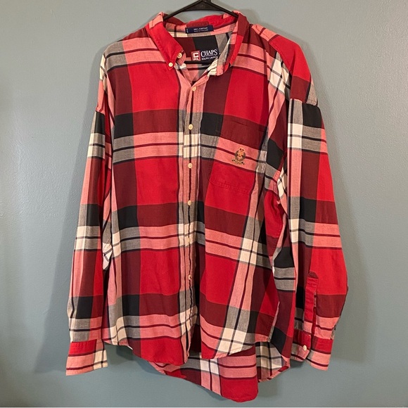 CHAPS Mens XL Shirts Button Down Long Sleeve Red Black Plaid‎ Crest Logo Cotton - Picture 1 of 7
